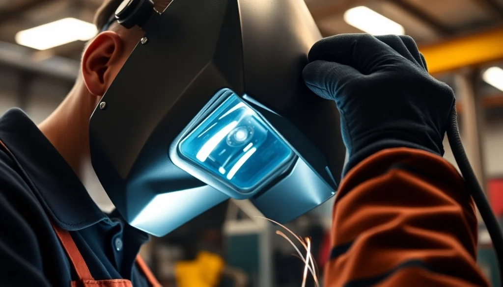 Welder focused on tasks while wearing a speedglas welding helmet showcasing its robust design.