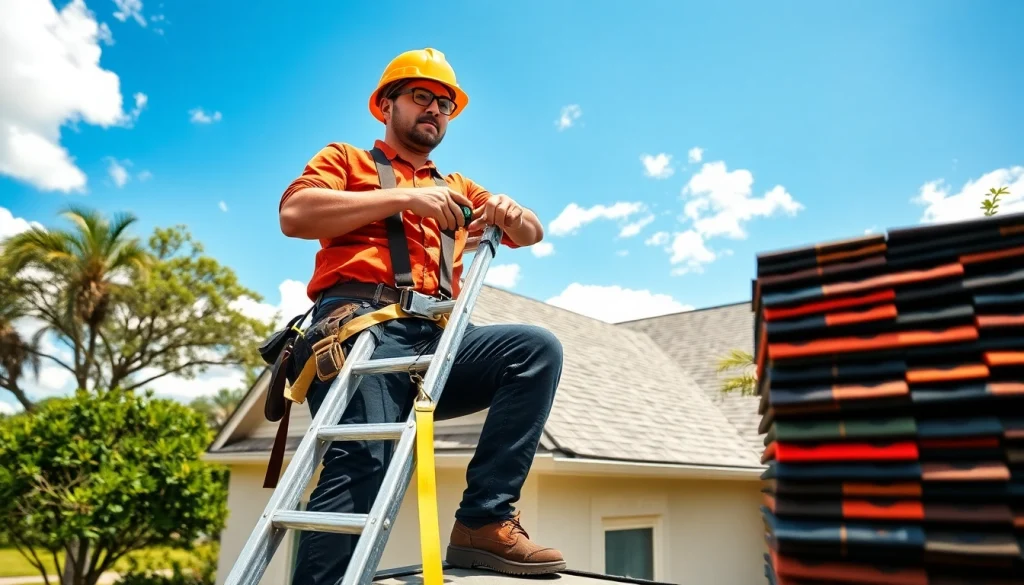 Expert 5-star roofing contractors Central Texas inspecting a residential roof with tools in hand.