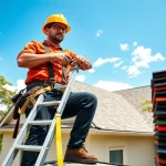 Expert 5-star roofing contractors Central Texas inspecting a residential roof with tools in hand.