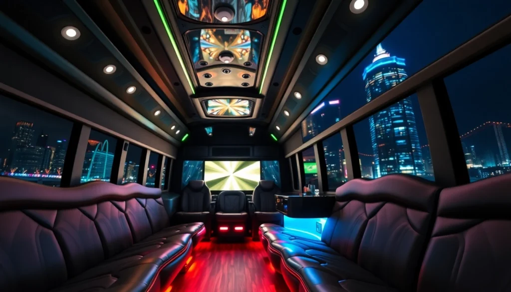 Experience luxury on the Atlanta party bus showcasing plush interiors and vibrant city lights.