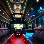 Experience luxury on the Atlanta party bus showcasing plush interiors and vibrant city lights.