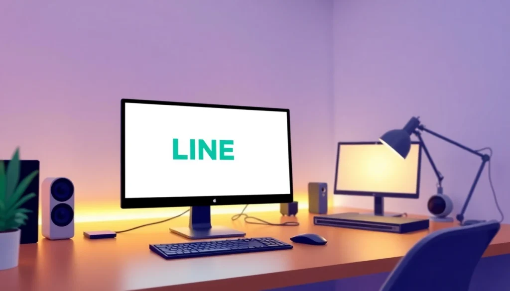 Download LINE 電腦版官方下載 on a sleek computer in a modern workspace.