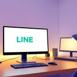 Download LINE 電腦版官方下載 on a sleek computer in a modern workspace.