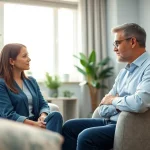 Therapist guiding a client in dealing with anxiety in a warm, calming space.