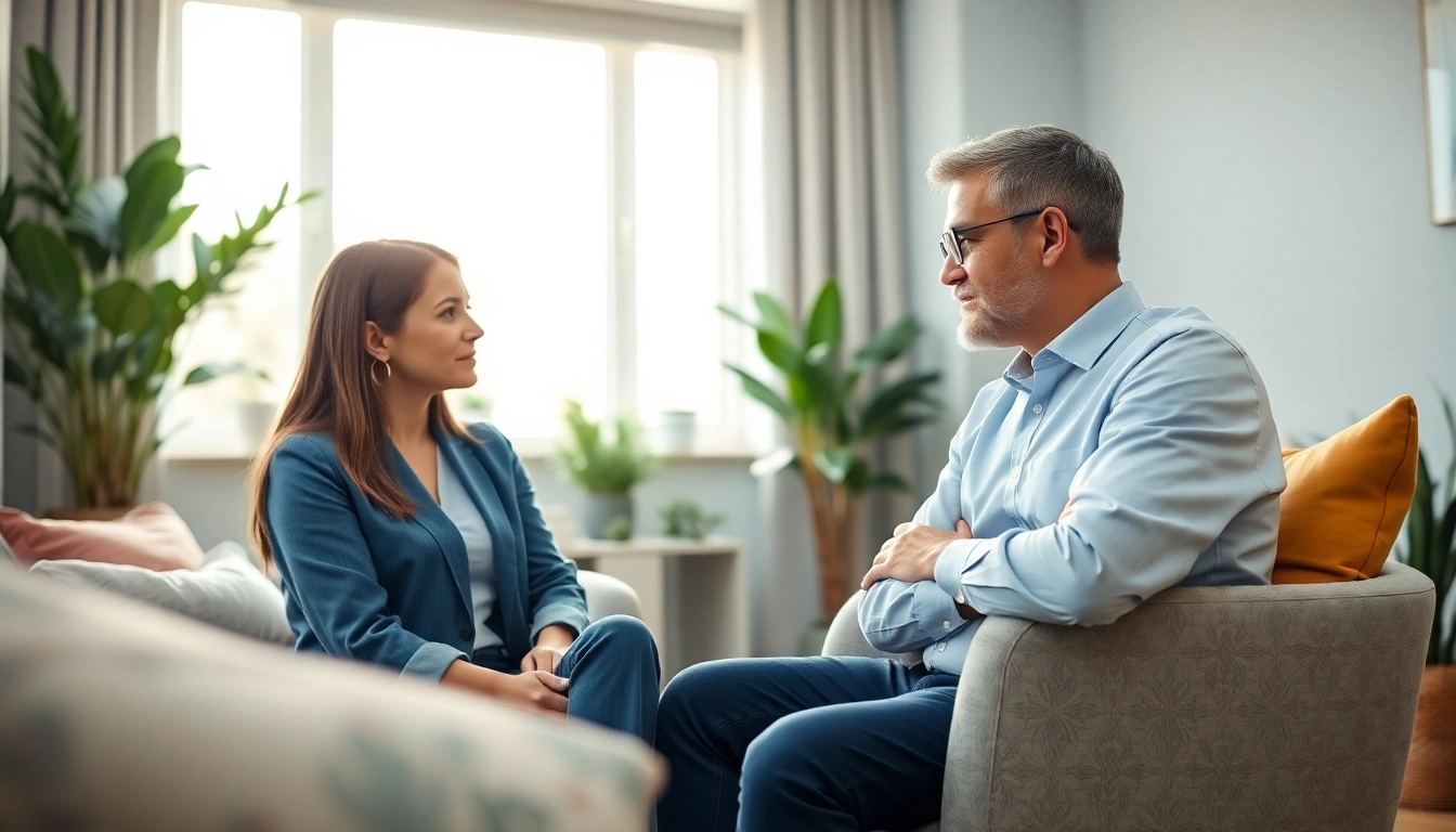 Therapist guiding a client in dealing with anxiety in a warm, calming space.