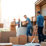 Cheap movers efficiently packing items in a bright urban setting, showcasing teamwork and professionalism.