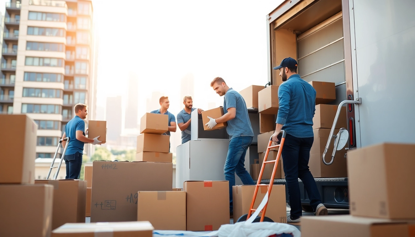 Cheap movers efficiently packing items in a bright urban setting, showcasing teamwork and professionalism.