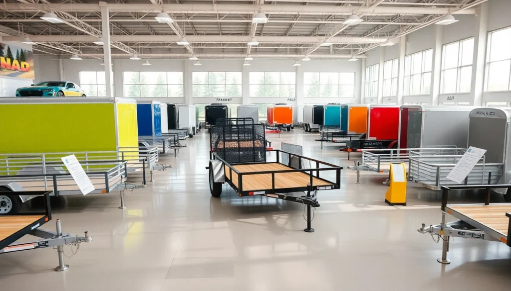 Explore utility trailers for sale in Massachusetts at a vibrant dealership showroom.