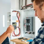 Electrician expertly conducting an electrical panel upgrade, showcasing modern safety features.