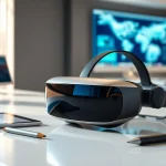 Buy Vision Pro headset showcased on a modern desk with a vibrant digital workspace.