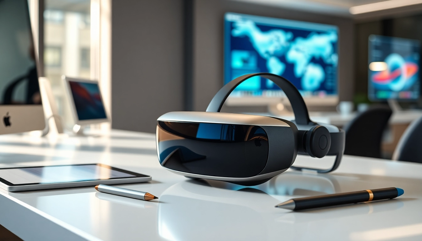 Buy Vision Pro headset showcased on a modern desk with a vibrant digital workspace.