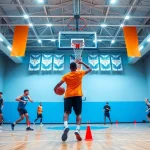 Train actively with basketball training programs near me, featuring young athletes improving their skills indoors.