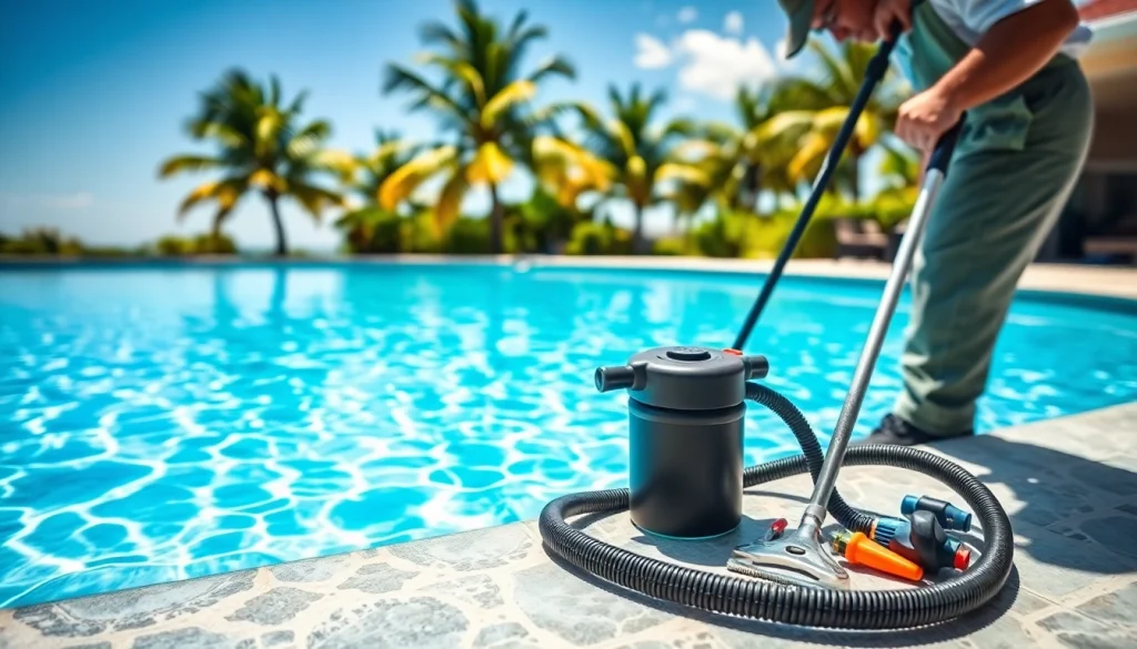 Skilled technician conducting pool service largo in a bright residential backyard environment.