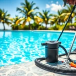 Skilled technician conducting pool service largo in a bright residential backyard environment.