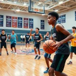 Youth athletes training together at Takeover Basketball Academy, showcasing teamwork and skill development.
