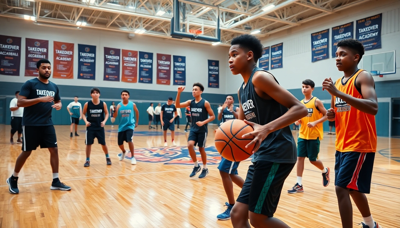 Youth athletes training together at Takeover Basketball Academy, showcasing teamwork and skill development.
