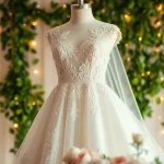 Showcase of a stunning reception wedding dress with intricate lace details, ideal for brides.