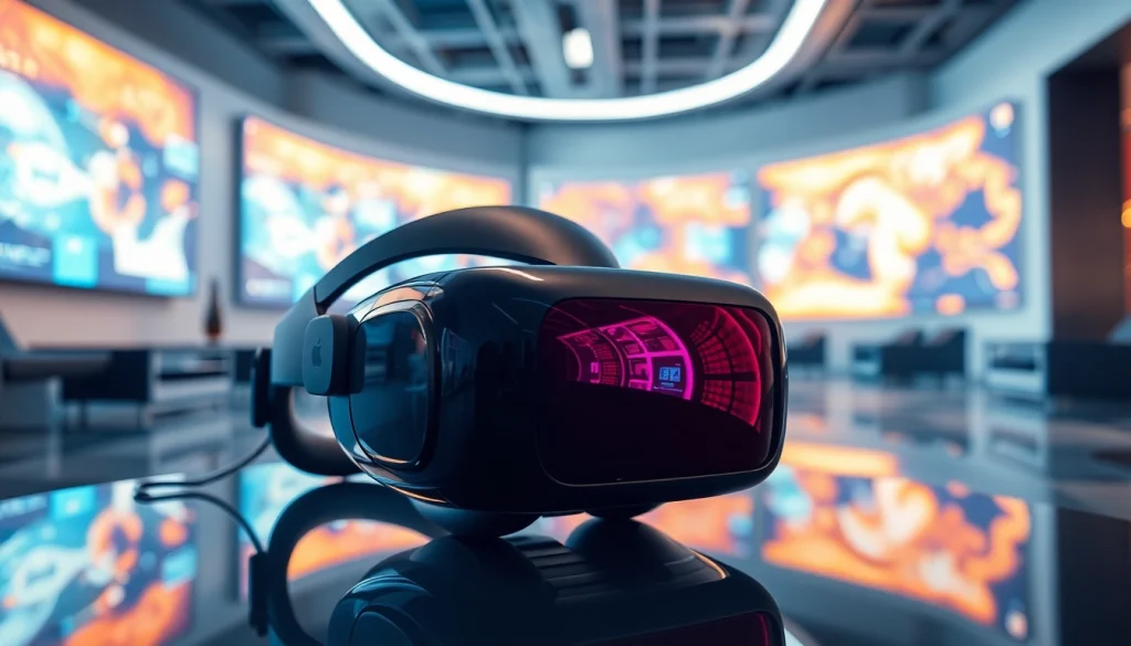 Buy Vision Pro headset with sleek design displayed in a modern tech environment showcasing augmented reality.