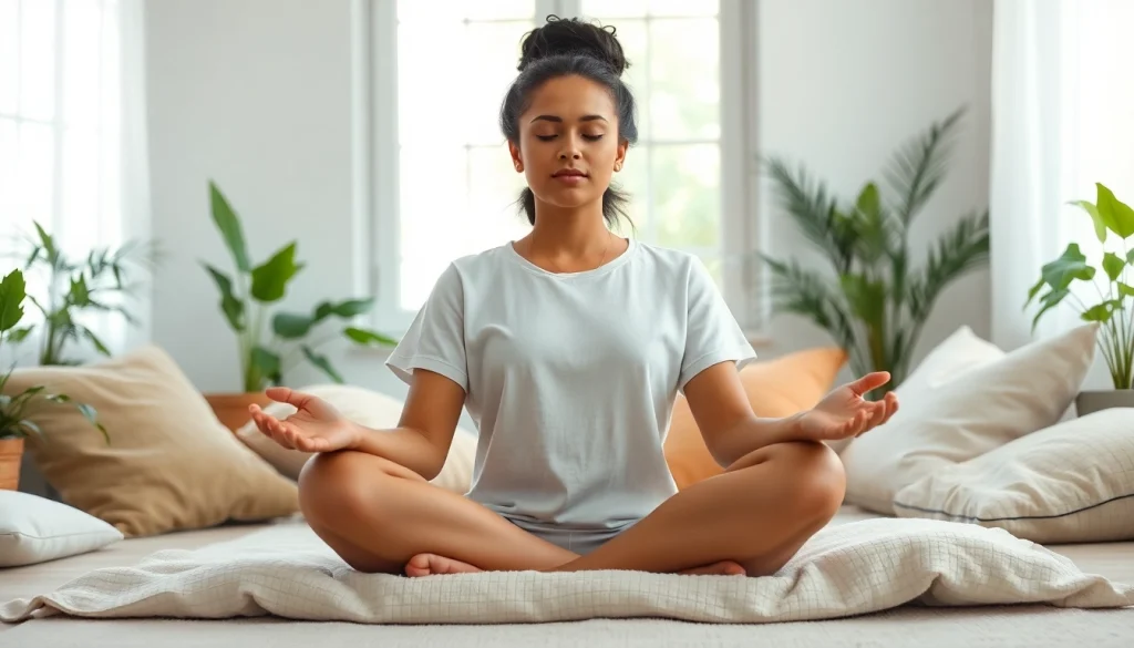 Practicing mindfulness meditation for dealing with anxiety in a serene setting.