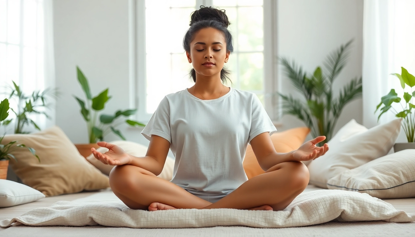 Practicing mindfulness meditation for dealing with anxiety in a serene setting.