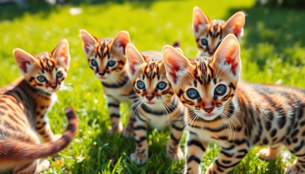 Bengal Breeders Orange County kittens playing in a sunlit backyard, showcasing their playful nature.