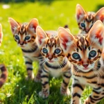 Bengal Breeders Orange County kittens playing in a sunlit backyard, showcasing their playful nature.