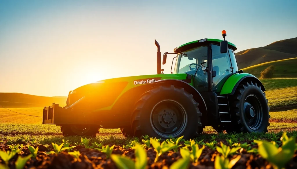 Der Deutz Fahr Traktor arbeitet in einem fruchtbaren Feld bei Sonnenuntergang.