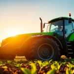 Der Deutz Fahr Traktor arbeitet in einem fruchtbaren Feld bei Sonnenuntergang.