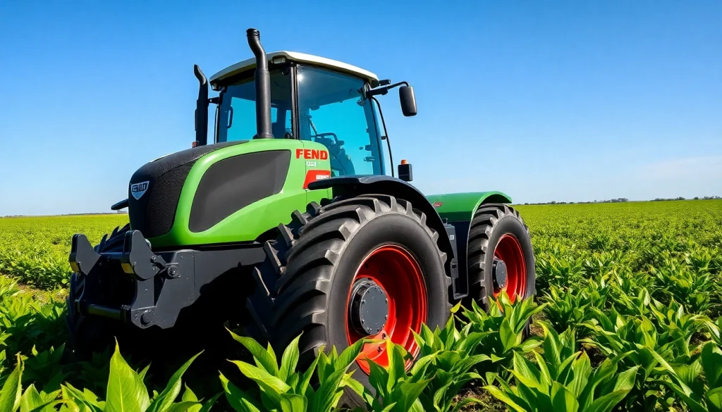 Fendt Traktor fährt durch ein grünes Feld, zeigt moderne Merkmale und Technik.