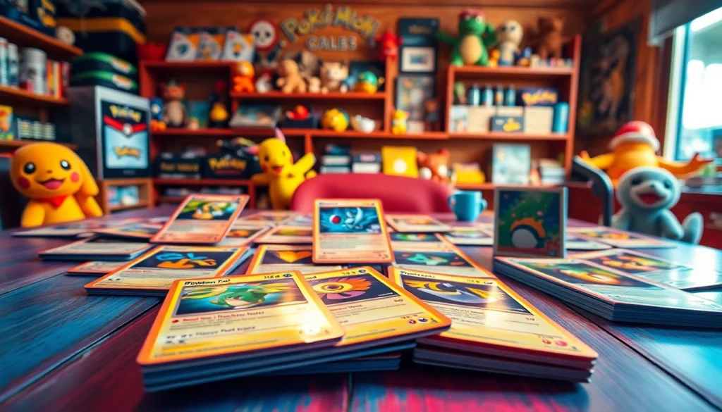 Showcase of real pokemon cards india arranged on a table with vibrant colors and playful elements.