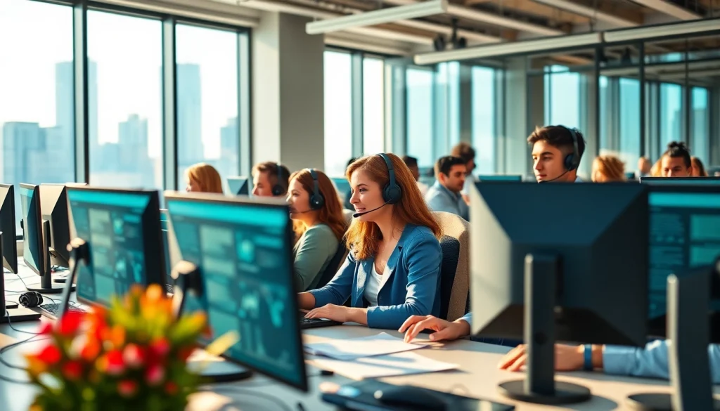 Enhance client interactions with Call center services represented by diverse professionals in a modern office.