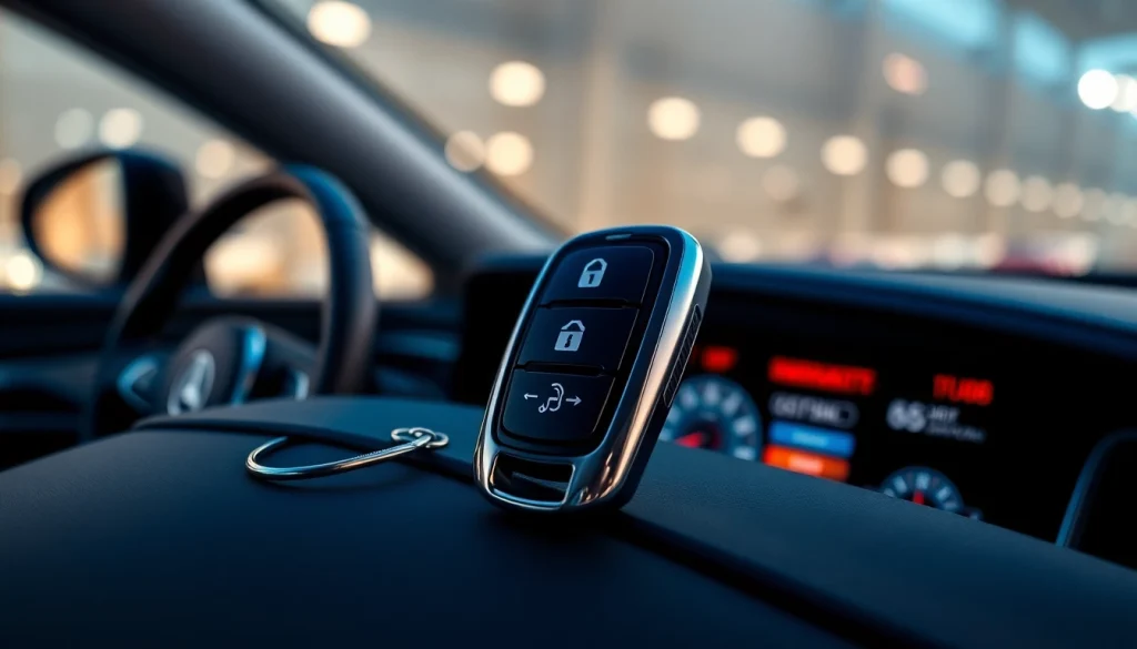Showcasing keyless carkeys with advanced features on a modern car dashboard.