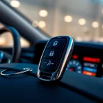 Showcasing keyless carkeys with advanced features on a modern car dashboard.