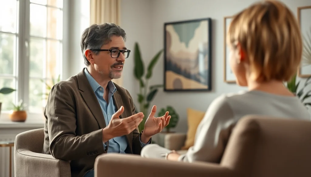 Empathetic attachment theory coach guiding a client in a comforting setting.
