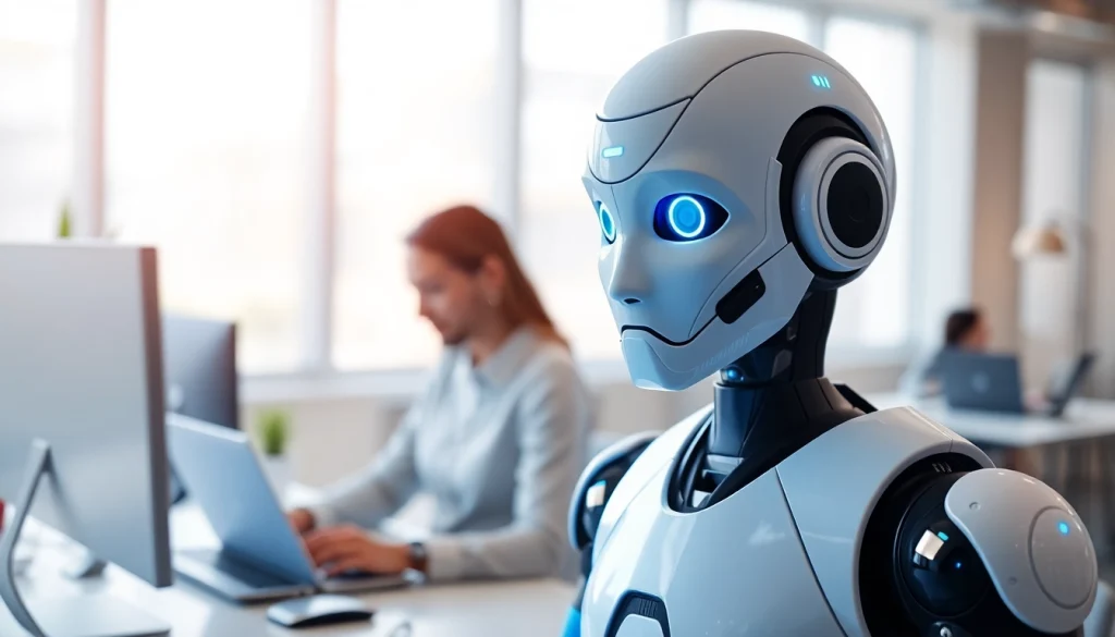 Engaging AI bot for websites assisting users in a modern office environment with smooth design.