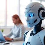 Engaging AI bot for websites assisting users in a modern office environment with smooth design.