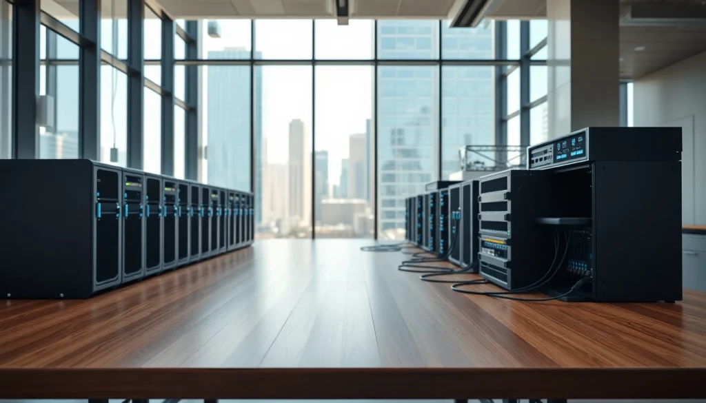 Showcasing network infrastructure setup with advanced equipment in a modern office.