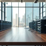 Showcasing network infrastructure setup with advanced equipment in a modern office.