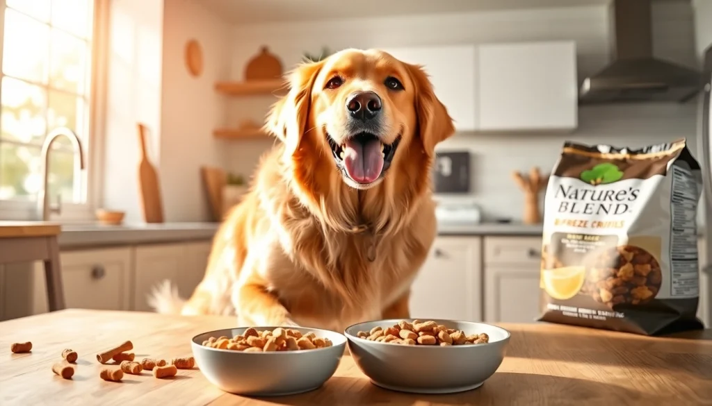 Serving nature's blend dog food canada to a happy golden retriever in a bright kitchen.