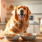 Serving nature's blend dog food canada to a happy golden retriever in a bright kitchen.