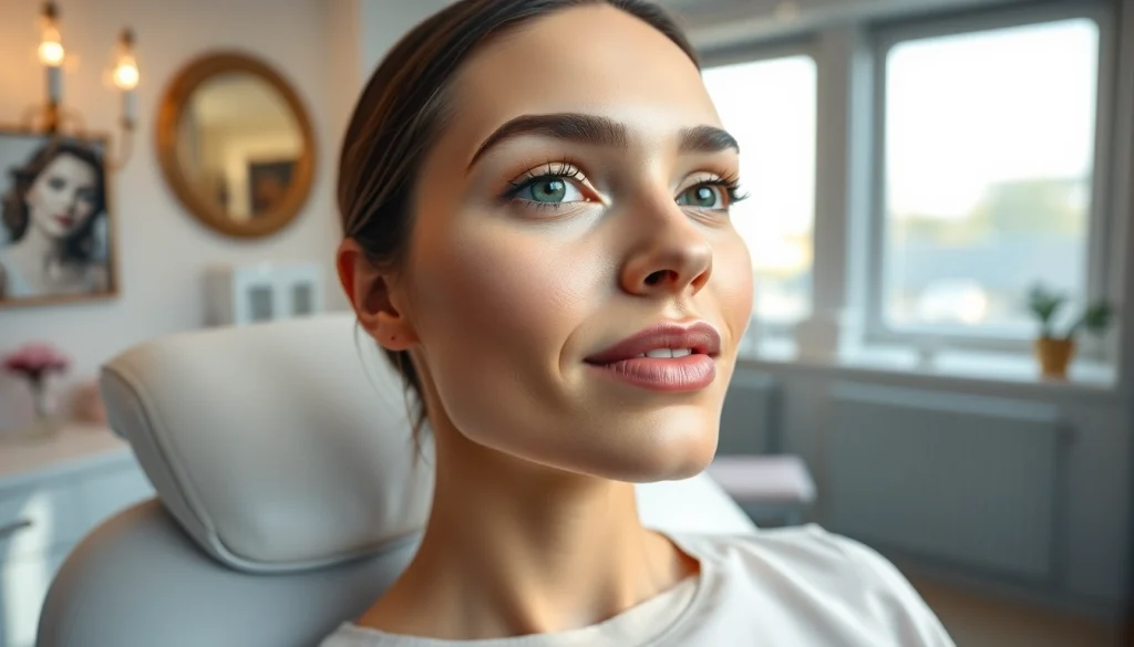 Lip botox before and after results highlighted on a model in a serene treatment room.