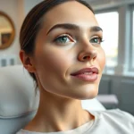 Lip botox before and after results highlighted on a model in a serene treatment room.