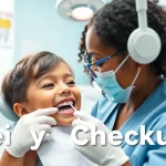 Dentist conducting checkups on a child in a bright dental office, promoting dental health.