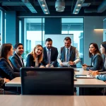 Discussing Compliance Services in a modern office with a diverse team focused on strategy.