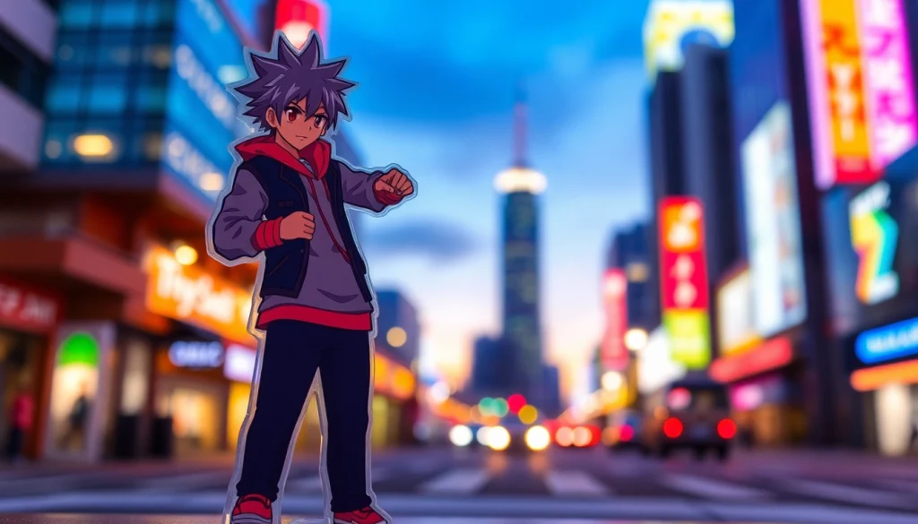 Enthusiastically display custom acrylic standees of fictional characters against a lively background.
