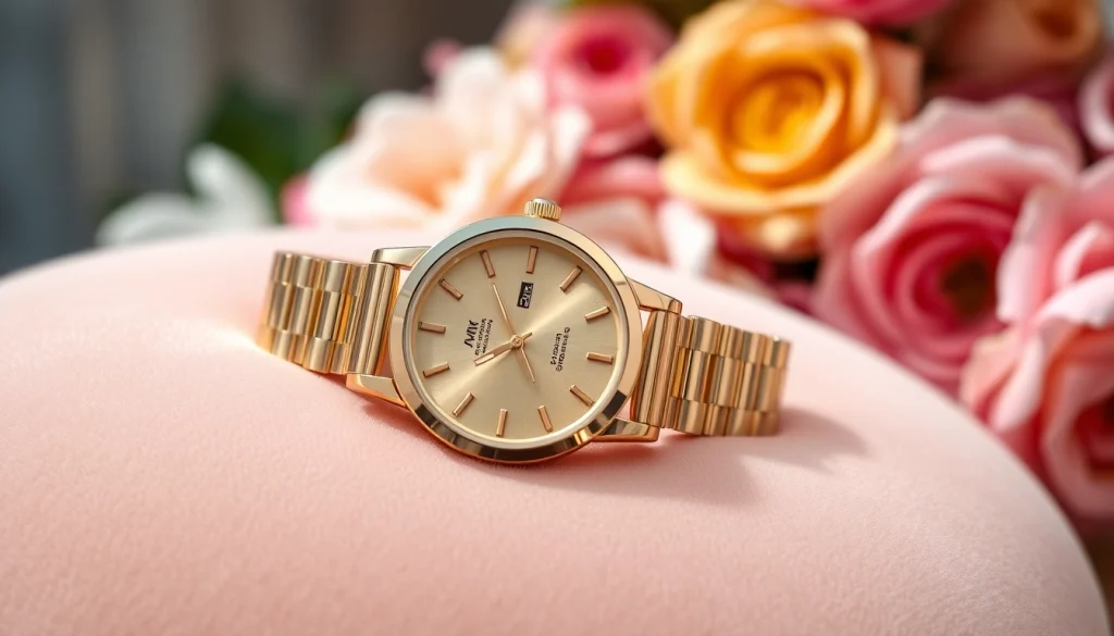 Elegantly showcasing Damen Armbanduhren mit einem luxuriösen goldenen Design auf Samt.