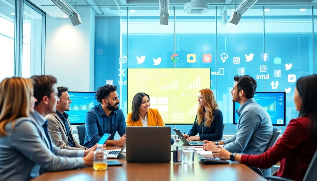 Engaged professionals at a social media agency strategizing in a modern office.