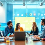 Engaged professionals at a social media agency strategizing in a modern office.