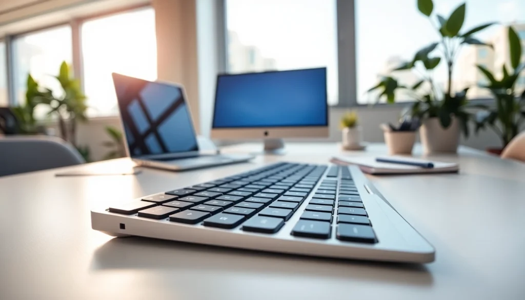 Using a sleek wireless keyboard on a modern desk with laptop and notepad for productivity.