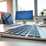 Using a sleek wireless keyboard on a modern desk with laptop and notepad for productivity.